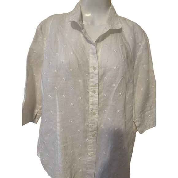 Ishyu Womens White Linen Floral Embroidered Button-Front Shirt Blouse 3/4 Sleeve - Picture 1 of 4
